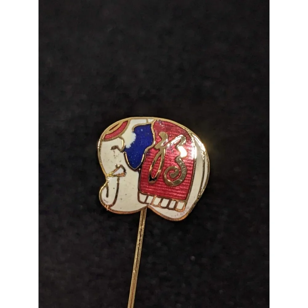 Vintage Cloisonne Elephant Red Blue Stick Pin‎ Gold Tone